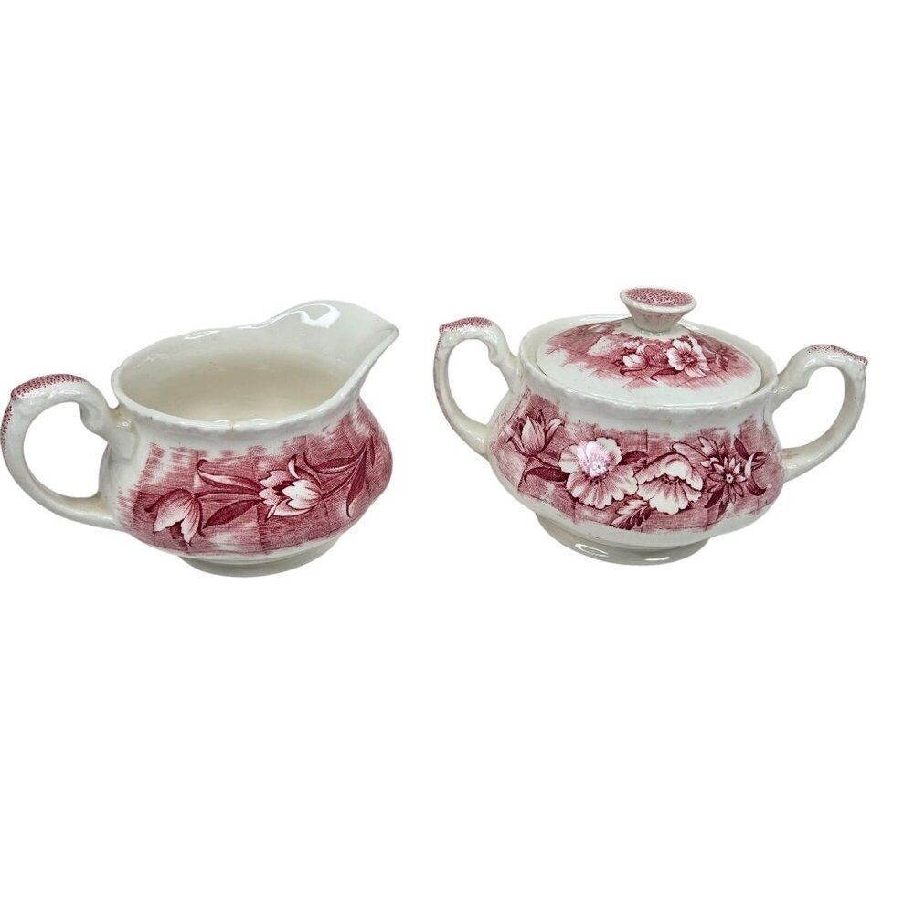 Vintage Grindley Trellis England Pink Floral Creamer Sugar Bowl Set
